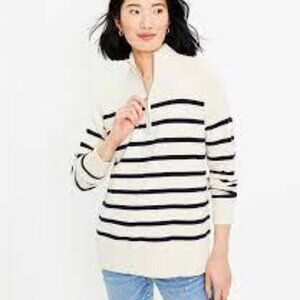 LOFT Striped Zip Tunic Sweater – Cream & Blue, Size XL